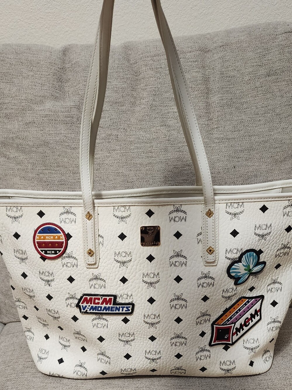 MCM White Monogran Vuctory Patches Anya Tote